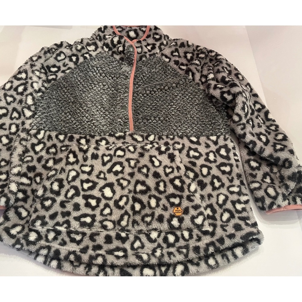 Simply Southern Womens Leopard Sherpa Fleece Snap Pullover Gray Pink XL